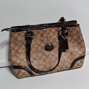 Coach Tan Heritage Signature Shopper Tote with Dark Brown Trim, Style #F18923